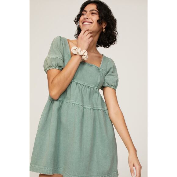 LOUNA Women's Green Denim Cotton Blend Empire Square Neck Mini Dress Size Small - Picture 1 of 11